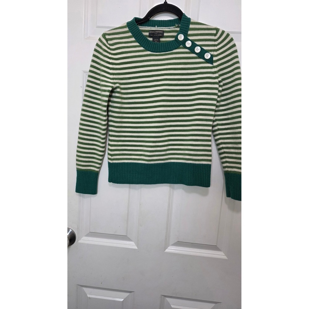 Banana Republic Sweater Womens Medium Green Striped Merino Wool Button Shoulder